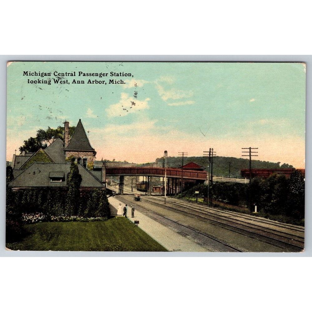 1912 Ann Arbor MI Michigan Central Passenger Station Train Depot Postcard Kirby